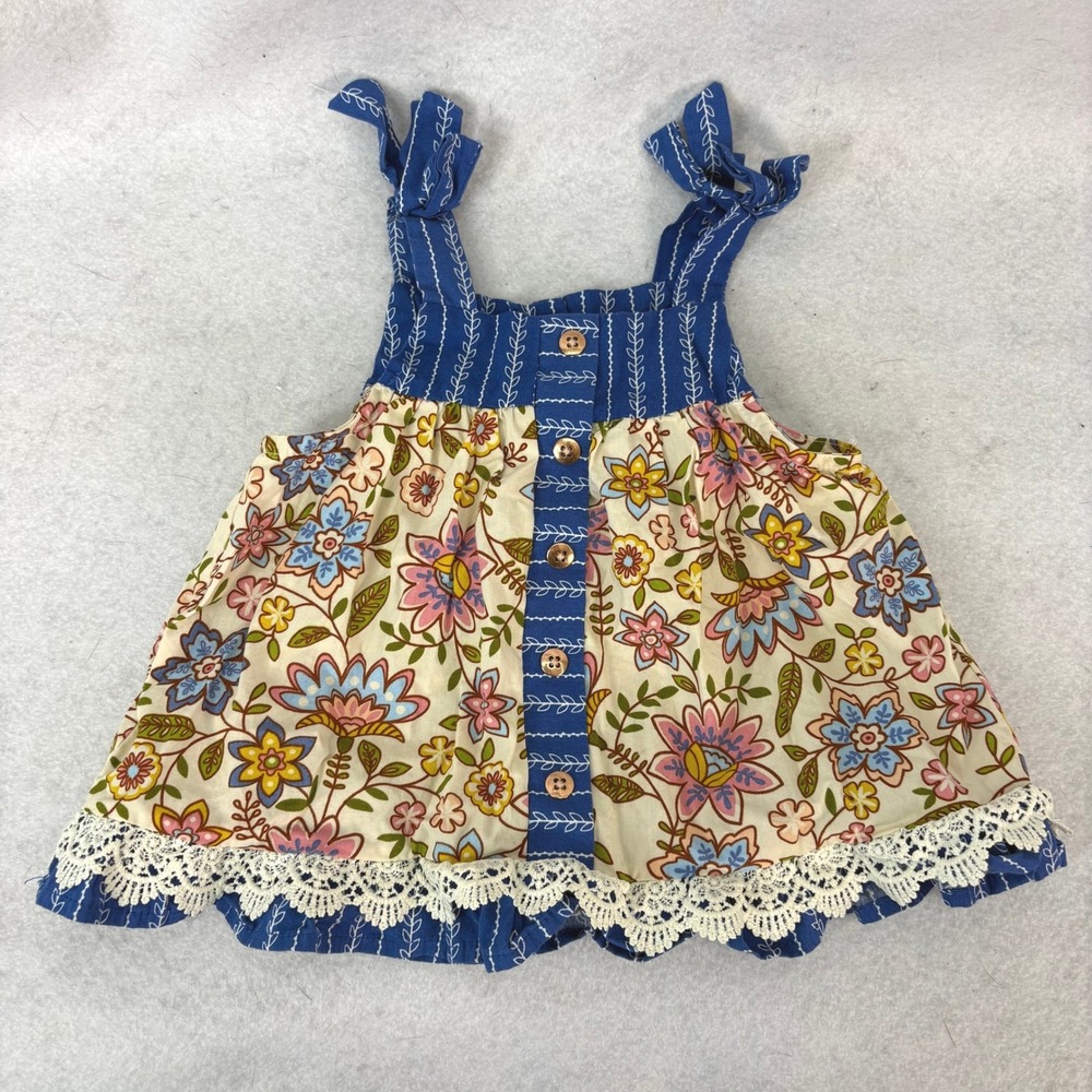 Counting Daisies Blue Floral Lace Trim Top Baby Girl 6-9M Boho Country Cottage
